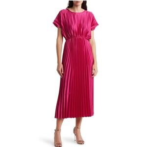 Lush Hot Pink Fuschia Cap Sleeve Pleated Satin Midi Dress Sz M Stretch Waist